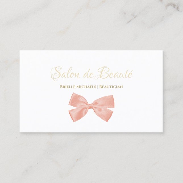 Simple Pink Bow Gold Script Girly Beauty Salon Business Card (Front)