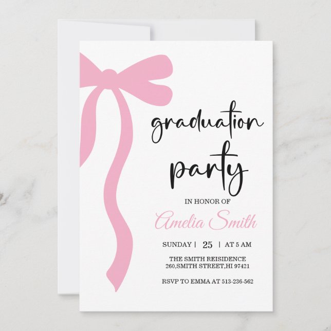 Simple  Pink  Bow graduation party invitation (Front)