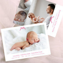 simple pink bow photo baby birth announcement