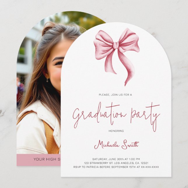 Simple Pink Bow Photo Graduation Party Arch Invitation (Front/Back)