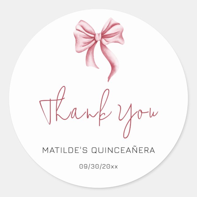 Simple Pink Bow Script Quinceanera Thank You Classic Round Sticker (Front)