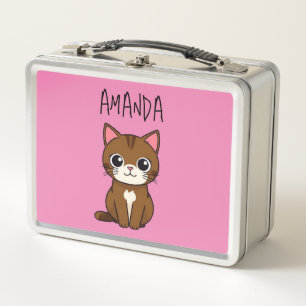 Simple Pink & Brown Cat Kids Name Metal Lunch Box
