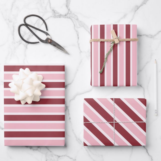 Simple Pink Burgundy Stripes Christmas Wrapping Paper Sheets (Front)