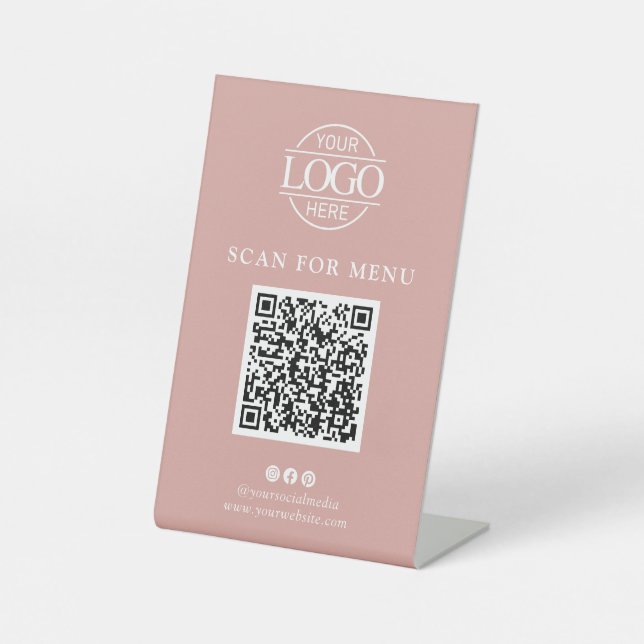 Simple Pink Business Logo Contactles QR Code Menu Pedestal Sign (Front)