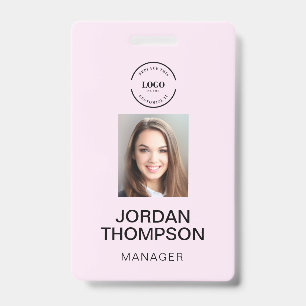 Simple Pink Business Logo QR code Employee photo Badge