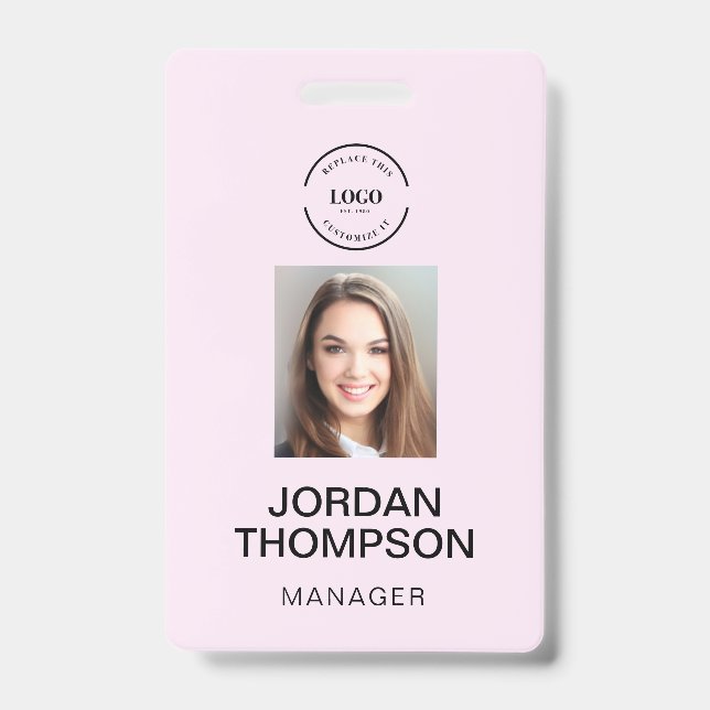Simple Pink Business Logo QR code Employee photo Badge (Front)