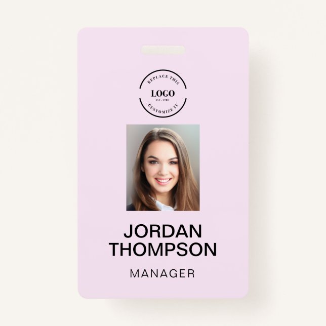 Simple Pink Business Logo QR code Employee photo Badge (Front)