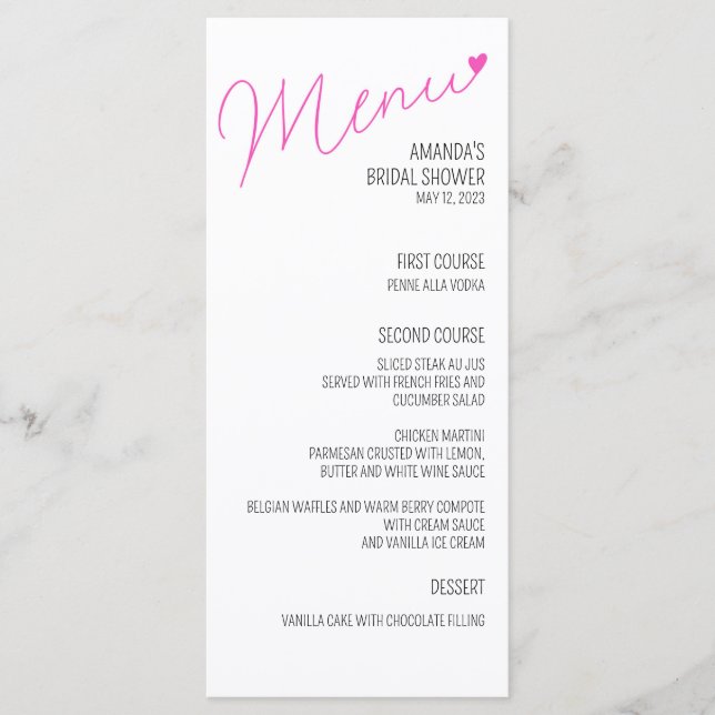 Simple Pink Calligraphy Bridal Shower Menu (Front)