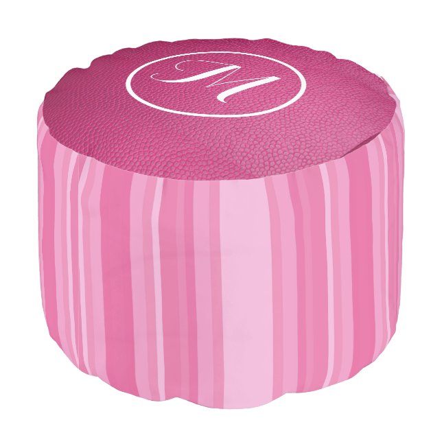 Simple Pink Candy Stripes Monogram Initial Pouf (Angled Back)