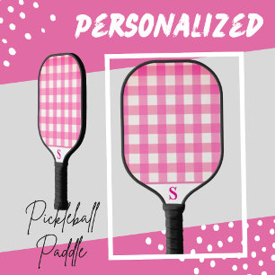 Simple Pink Checkered Gingham Personalized  Pickleball Paddle