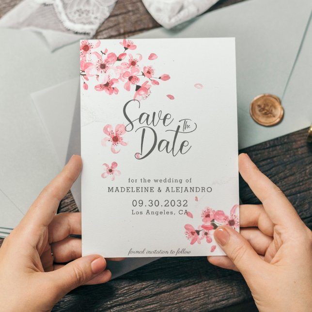 Simple pink cherry blossom romantic chic wedding save the date (Creator Uploaded)