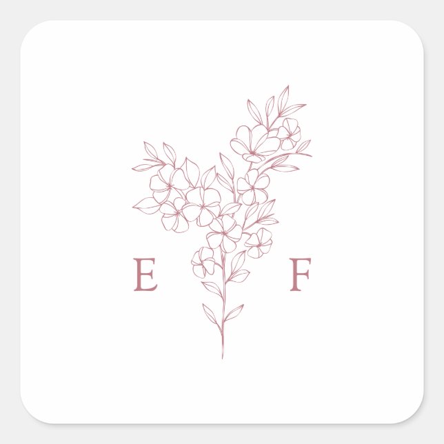 Simple Pink Cherry Blossom Wreath Monogram Wedding Square Sticker (Front)