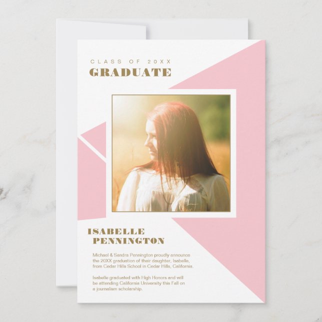 Simple Pink Color Block Triangles Graduation Announcement (Front)