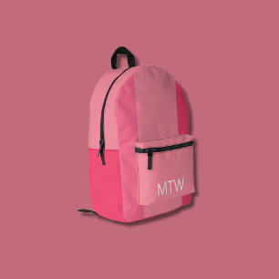 Simple Pink Color Blocks White Monogram Printed Backpack