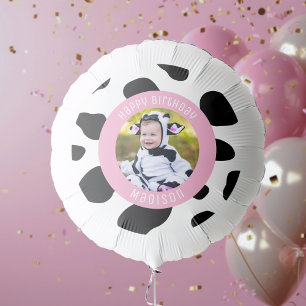 Simple Pink Cow Print Farm Girl Birthday Photo Balloon
