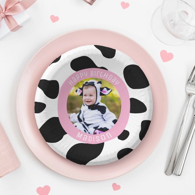 Simple Pink Cow Print Farm Girl Birthday Photo Paper Bowls (Creator Uploaded)