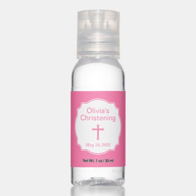 Simple Pink Cross Baby Girl Christening Baptism Hand Sanitizer (Front)