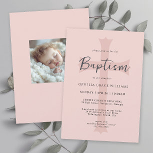Simple Pink Cross Christian Baptism with Photo Invitation