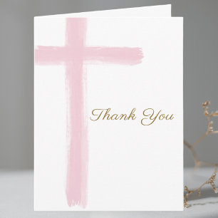 Simple Pink Cross First Holy Communion Folded  Letterpress Thank You Card