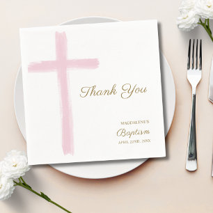 Simple Pink Cross Thank You Baptism Napkins
