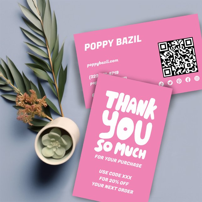 Simple Pink Curves Order Thank You Social QR Code  Business Card (Simple Pink Bubble Letters Order Thank You Social Media QR Code Business Card
)