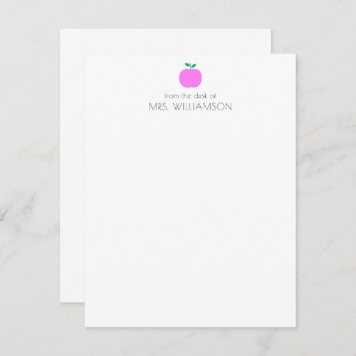 Simple Pink Cute Apple Personalized Teacher Note Card