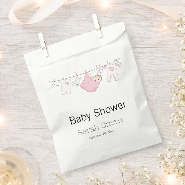 Simple Pink Cute Girl Clothesline Baby Shower   Favor Bag (Clipped)