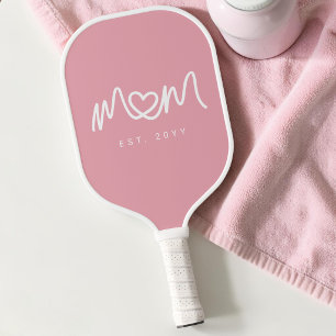 Simple Pink Cute Heart Script Mom Established Est Pickleball Paddle