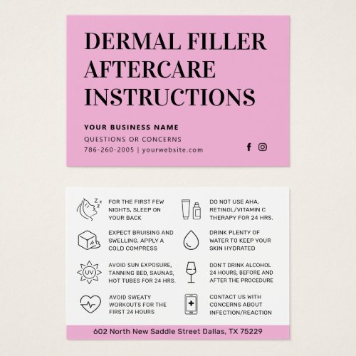 Simple Pink Dermal Filler Aftercare Advice Card