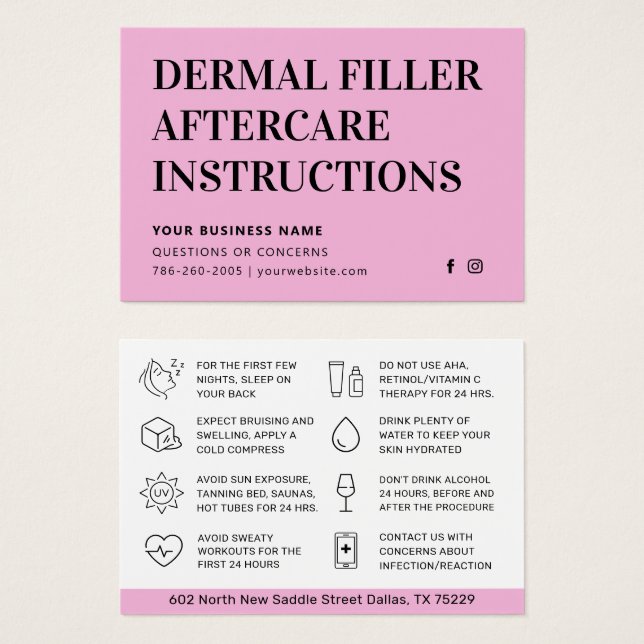 Simple Pink Dermal Filler Aftercare Advice Card (Front & Back)