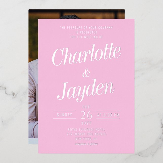 Simple Pink Elegant Foil Script Photo Wedding Foil Invitation (Front/Back)