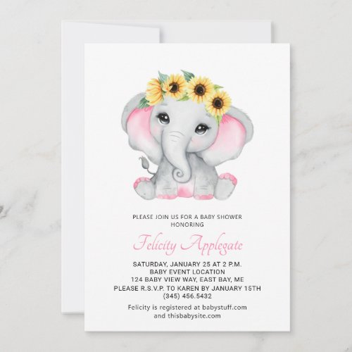 Simple Pink Eleghant Sunflowers Baby Shower Invitation