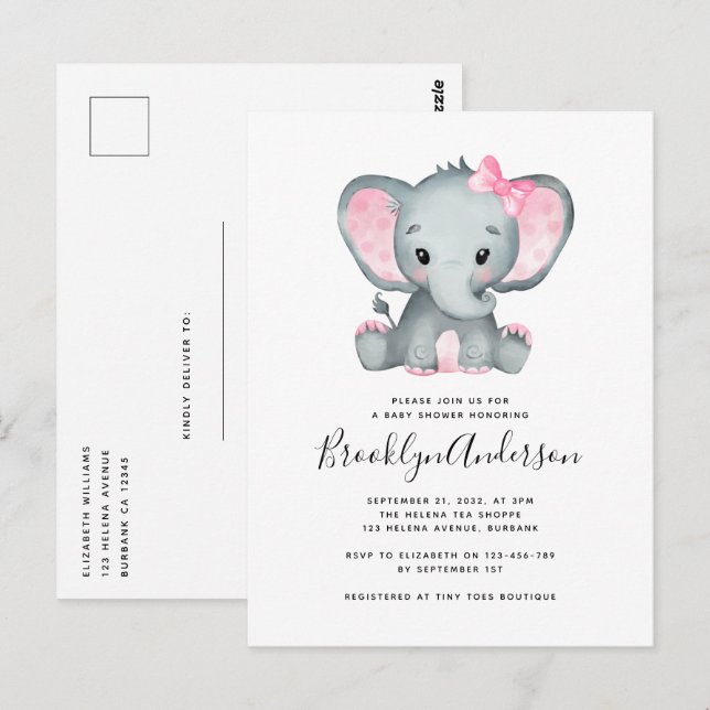 Simple Pink Elephant Baby Shower Invitation Postcard (Front/Back)
