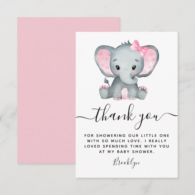 Simple Pink Elephant Baby Shower  Thank You Card (Front/Back)