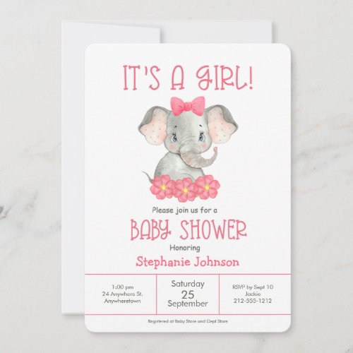 Simple Pink Elephant Girl Watercolor Baby Shower Invitation