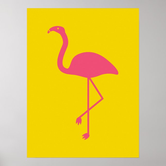 Simple Pink Flamingo Bird Silhouette On Yellow Poster (Front)
