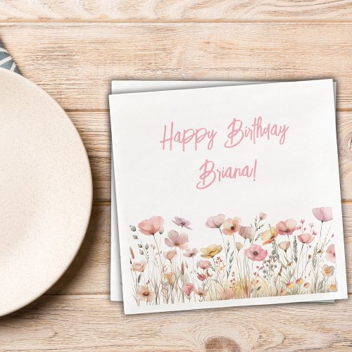 Simple Pink Floral Birthday Party Napkins