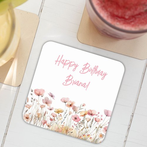 Simple Pink Floral Birthday Party Square Paper Coaster