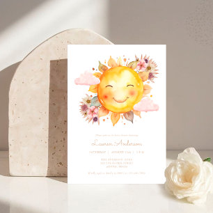 Simple Pink Floral Boho Sunshine Baby Shower Invitation