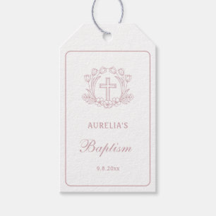 Simple Pink Floral Cross Baptism Gift Tags