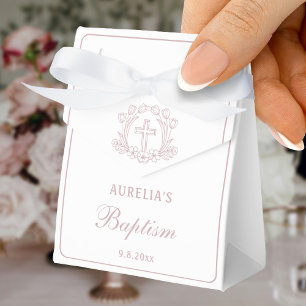 Simple Pink Floral Cross Baptism Small Tent Favor Boxes