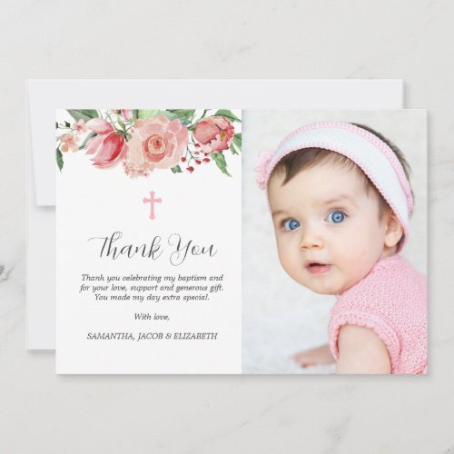 Simple Pink Floral Girls Baptism Thank You Card