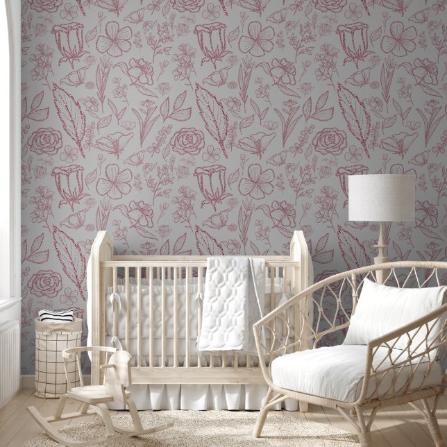 Simple Pink Floral on Grey | Wallpaper (Kids)