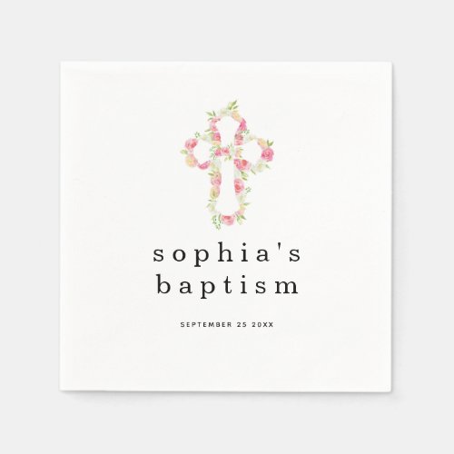 Simple Pink Florals Cross Name Date Girl Baptism N Napkins