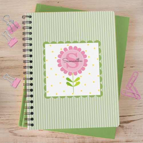 Simple Pink Flower Green Stripes Monogrammed Notebook