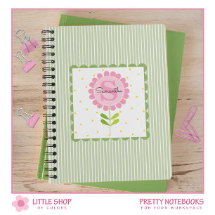 Simple Pink Flower Green Stripes Monogrammed Notebook