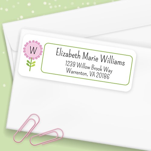 Simple Pink Flower Monogram Return Address Label