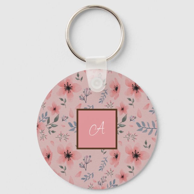 Simple Pink Flower Pattern Boho Vintage Monogram Keychain (Front)
