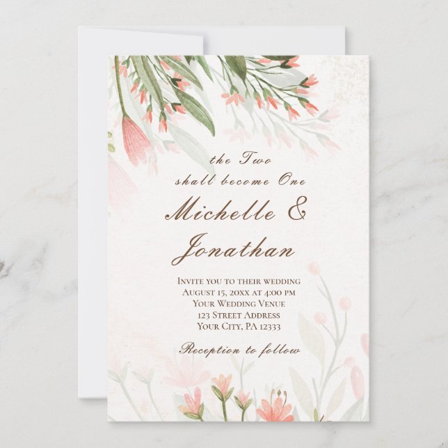 Simple Pink Flowers Greenery Christian Wedding  Invitation (Front)