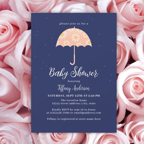 Simple Pink Flowers Umbrella Girl Baby Shower Invitation